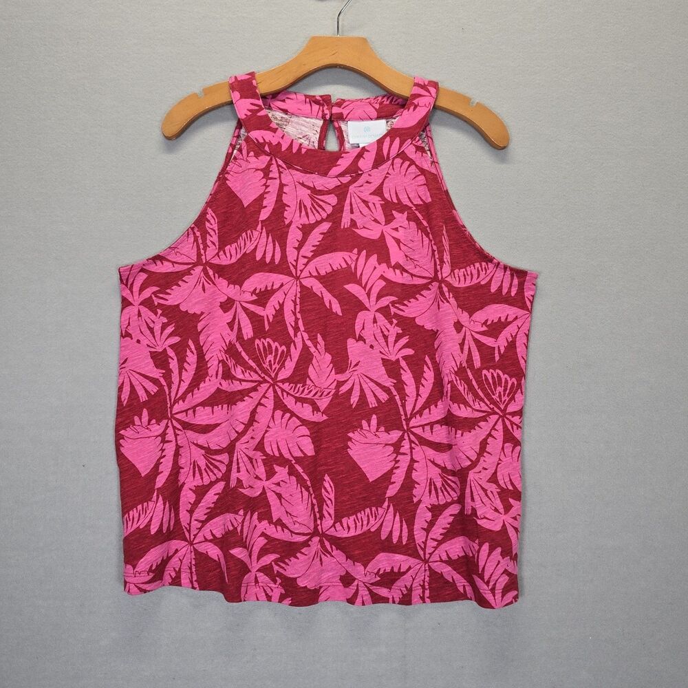 Cynthia Rowley Tank Top Womens Pink Palm Print Linen Blend Halter Size XL